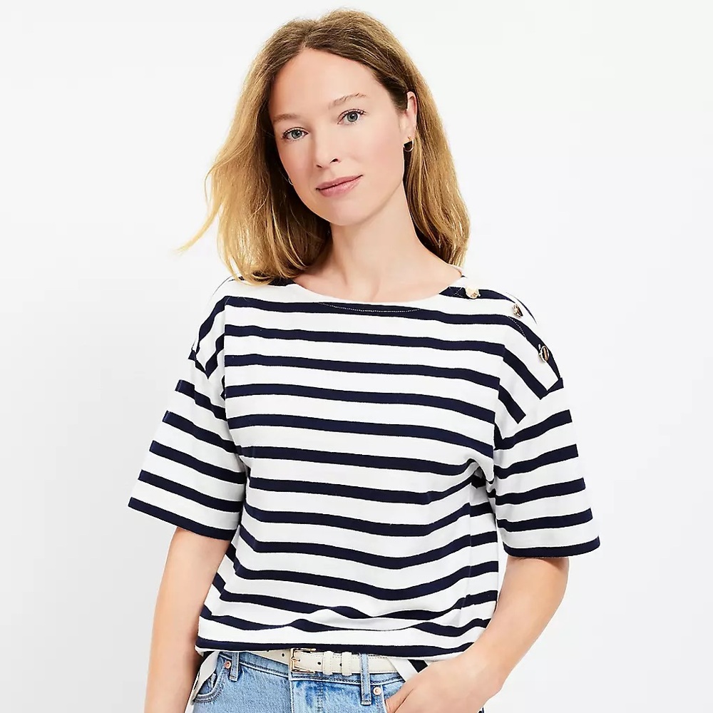 NWT LOFT Breton 100% Cotton Navy Stripe Boatneck Short Sleeved Tee Women’s Small